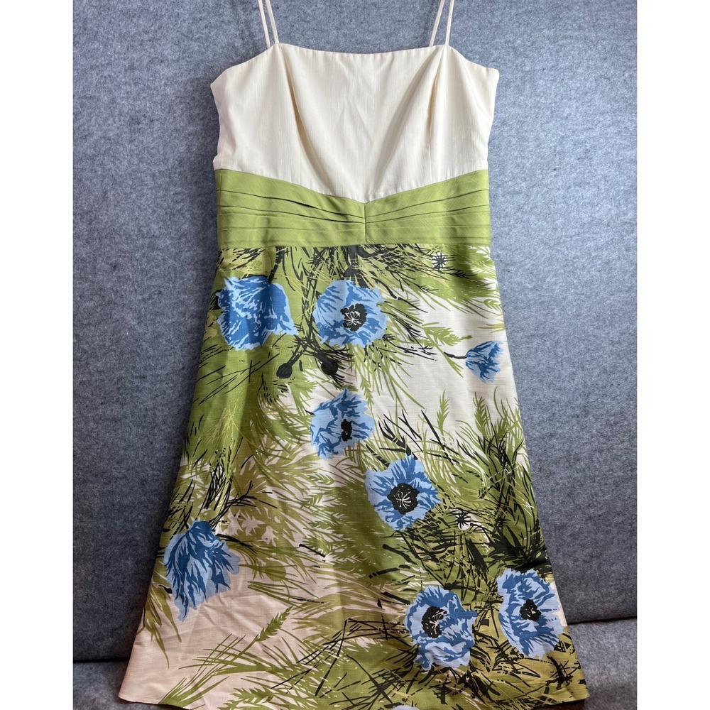 Ann Taylor Silk Cotton Floral Midi Dress Green Blue Spaghetti Strap Size 10